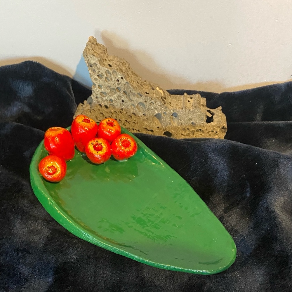 Handmade prickly pear paddle with bright red tuna